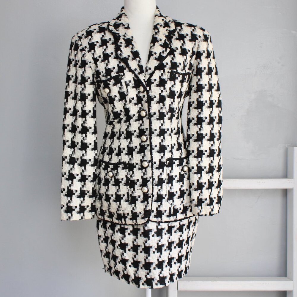 The Limited VTG 90's Black White Houndstooth Skirt Blazer Suit Size Small / 6 - Picture 1 of 8